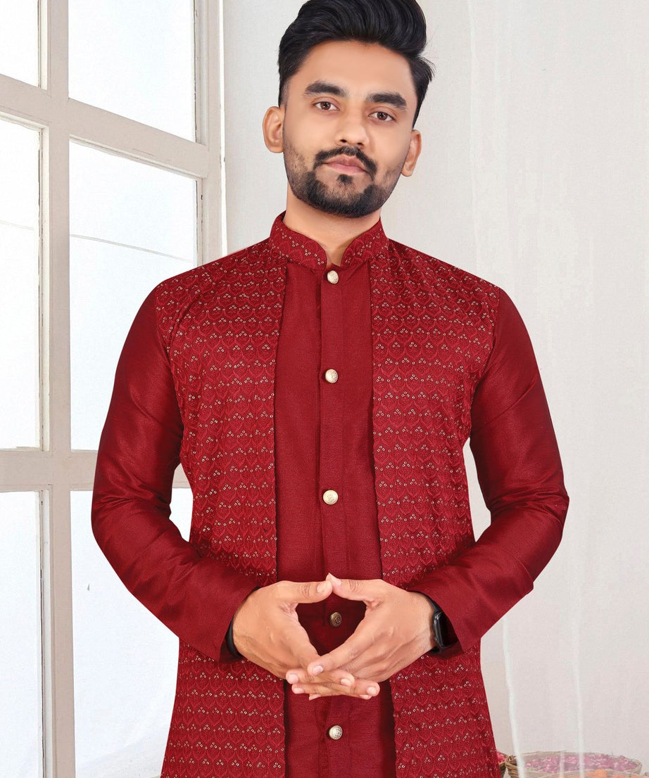 Bangalori Silk With Jacquard Koti Kurta Pajama Set For Men's