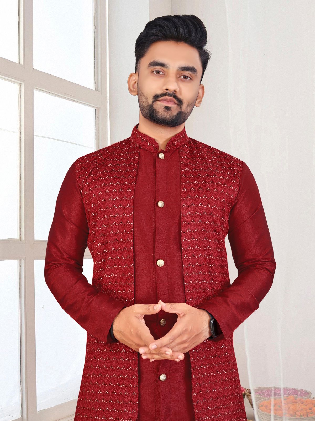 Bangalori Silk With Jacquard Koti Kurta Pajama Set For Men's