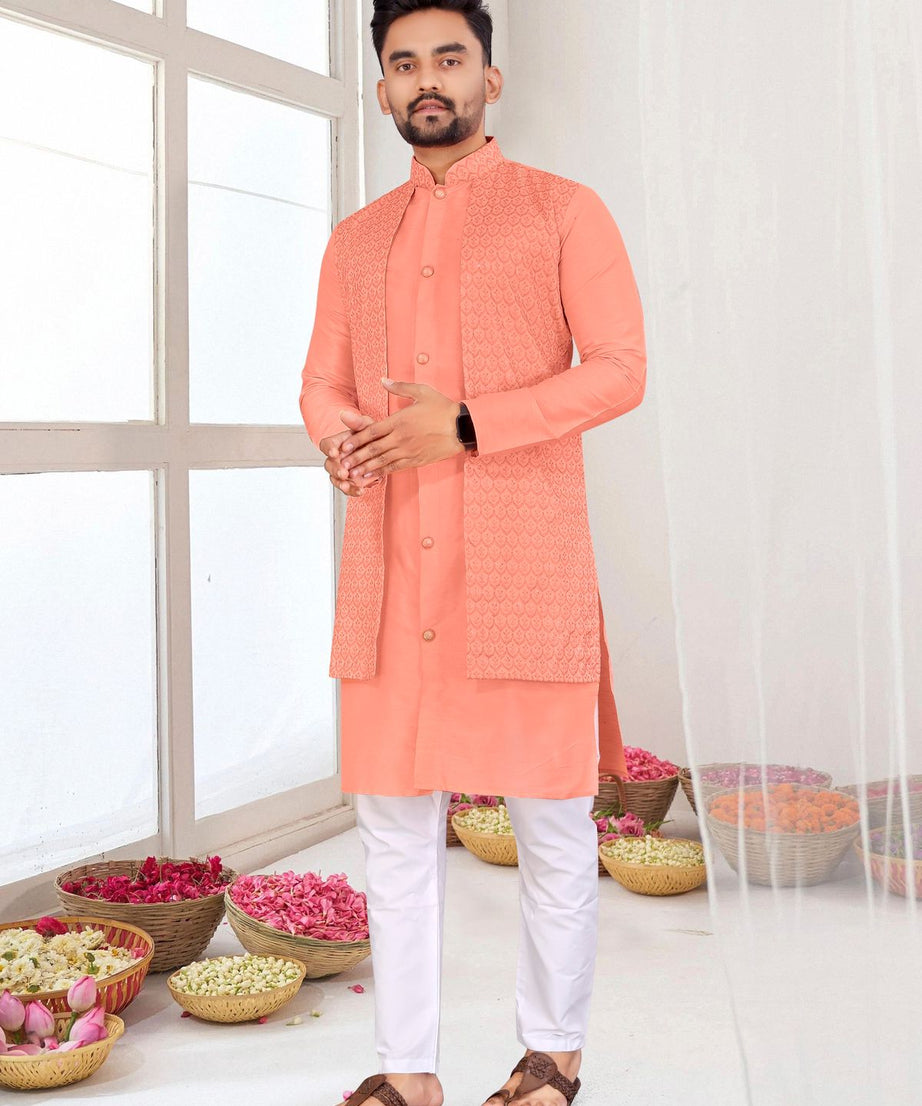 Bangalori Silk With Jacquard Koti Kurta Pajama Set For Men's