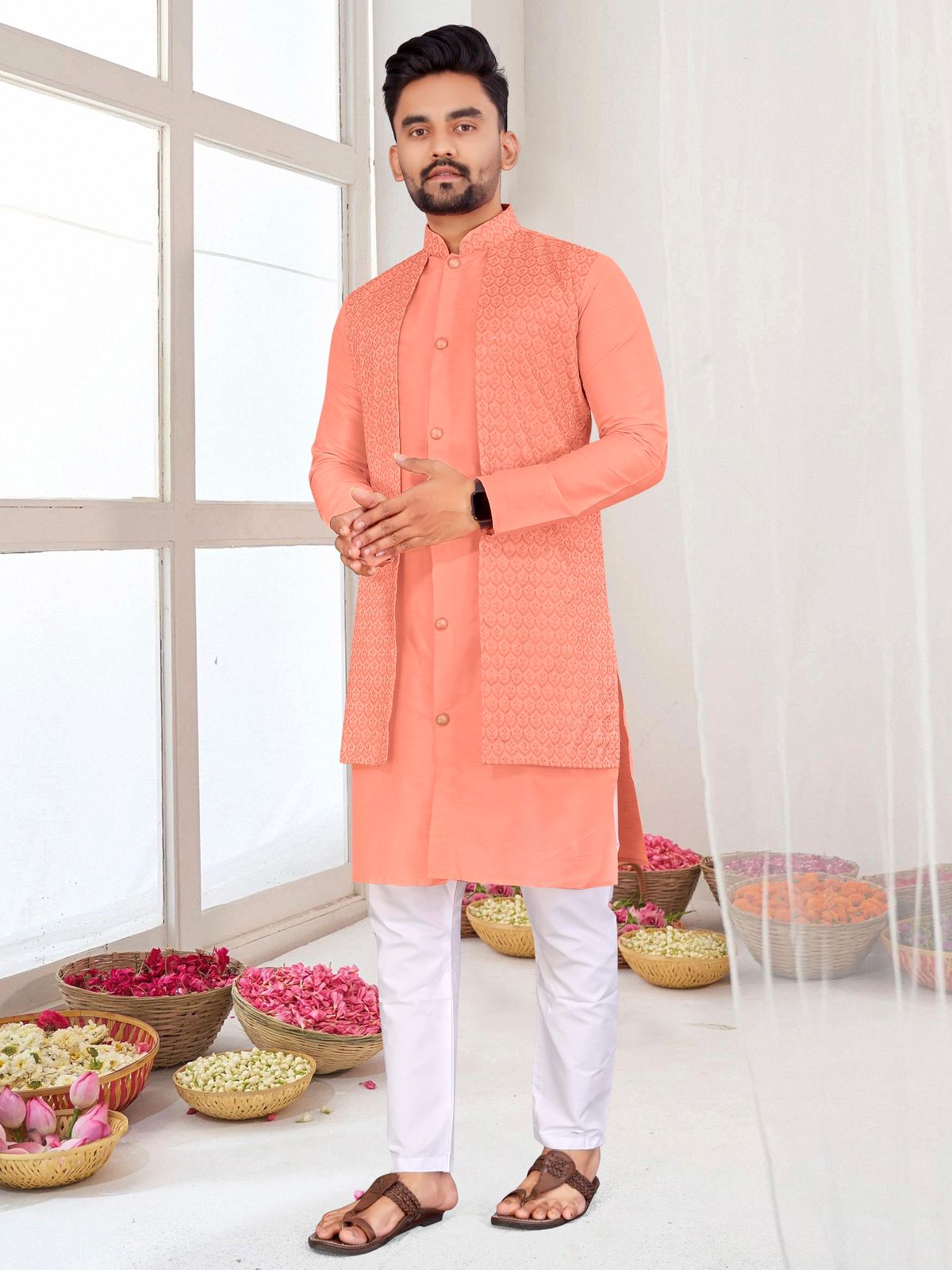 Bangalori Silk With Jacquard Koti Kurta Pajama Set For Men's