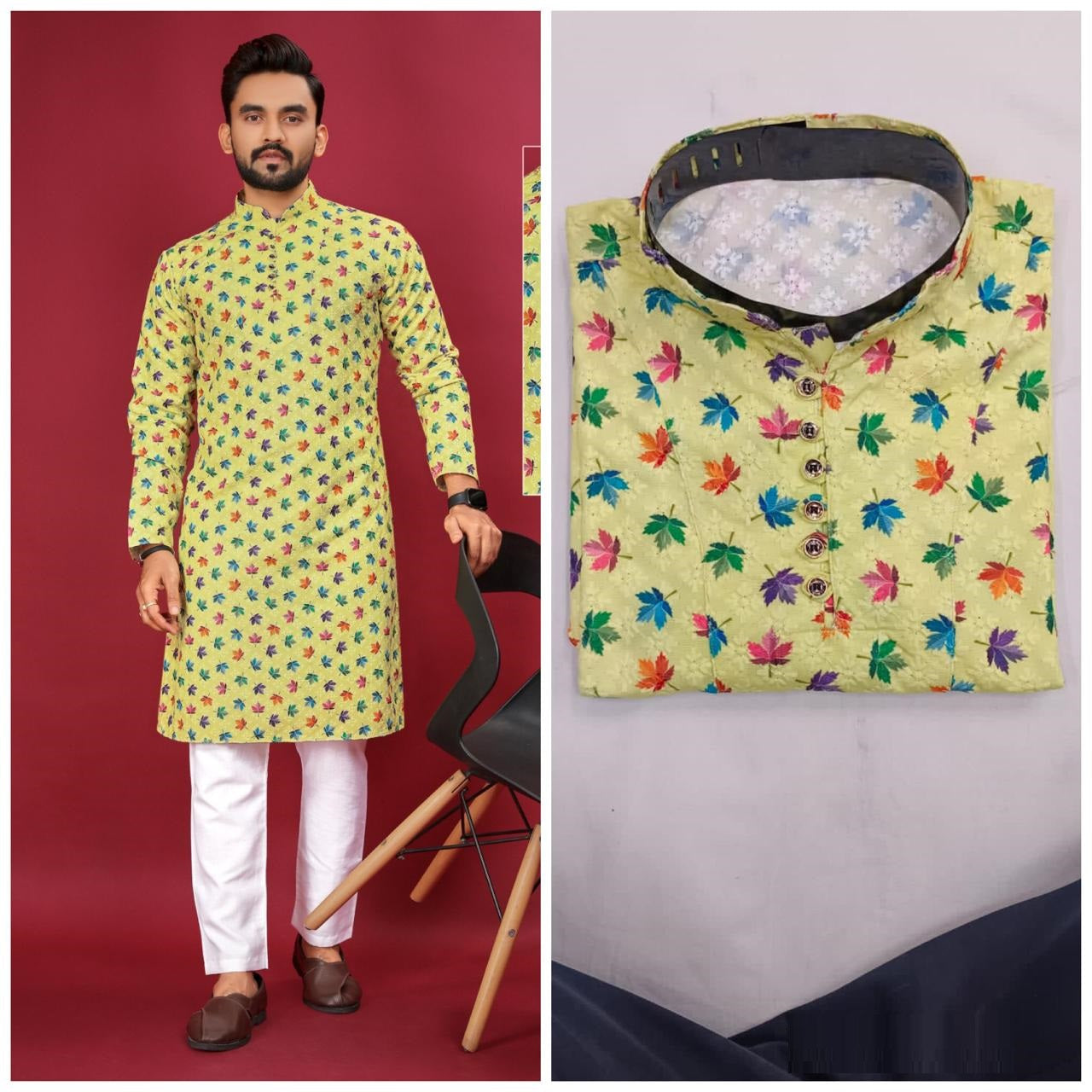 Soft Cotton With Lucknovi work Kurta Pajama Set