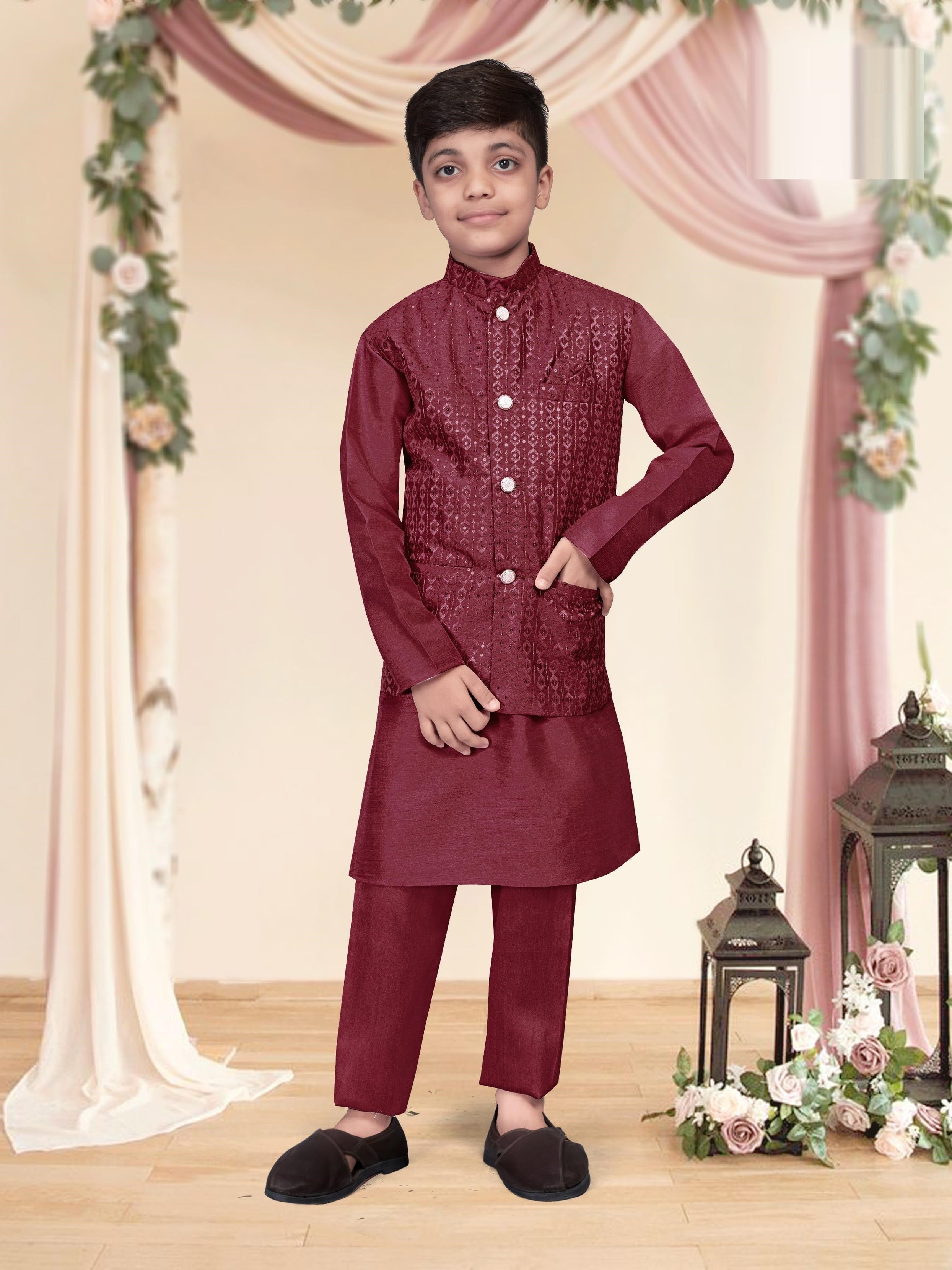 Heavy Banglori Silk With Embroidery Sequins Work Kurta Koti Pajama Set