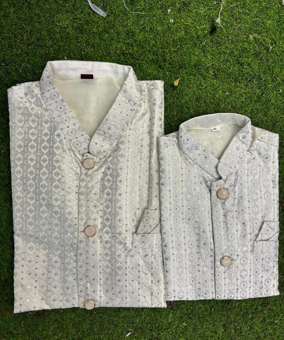 Heavy Banglori Silk With Embroidery Sequins Work Kurta Koti Pajama Set