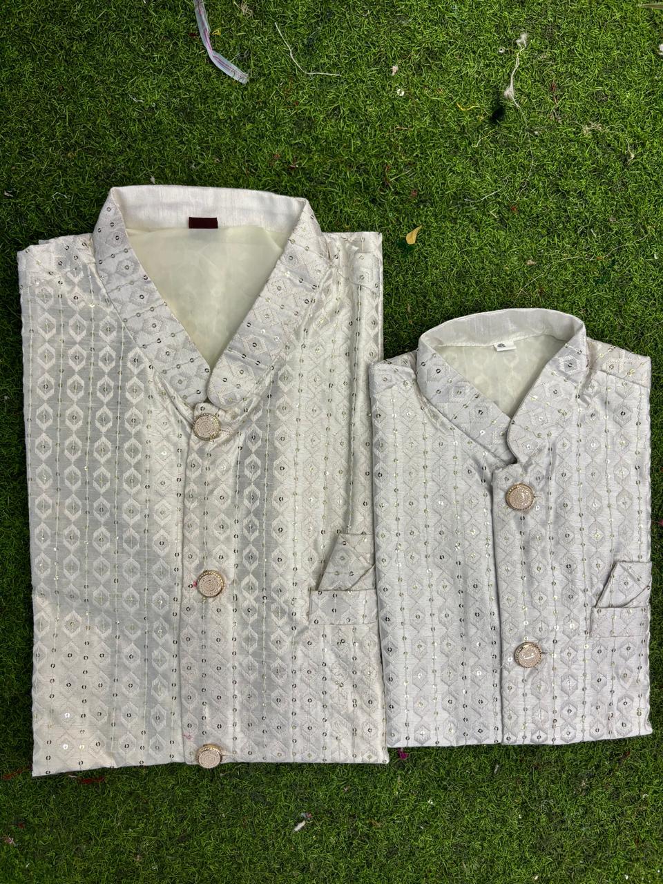 Heavy Banglori Silk With Embroidery Sequins Work Kurta Koti Pajama Set