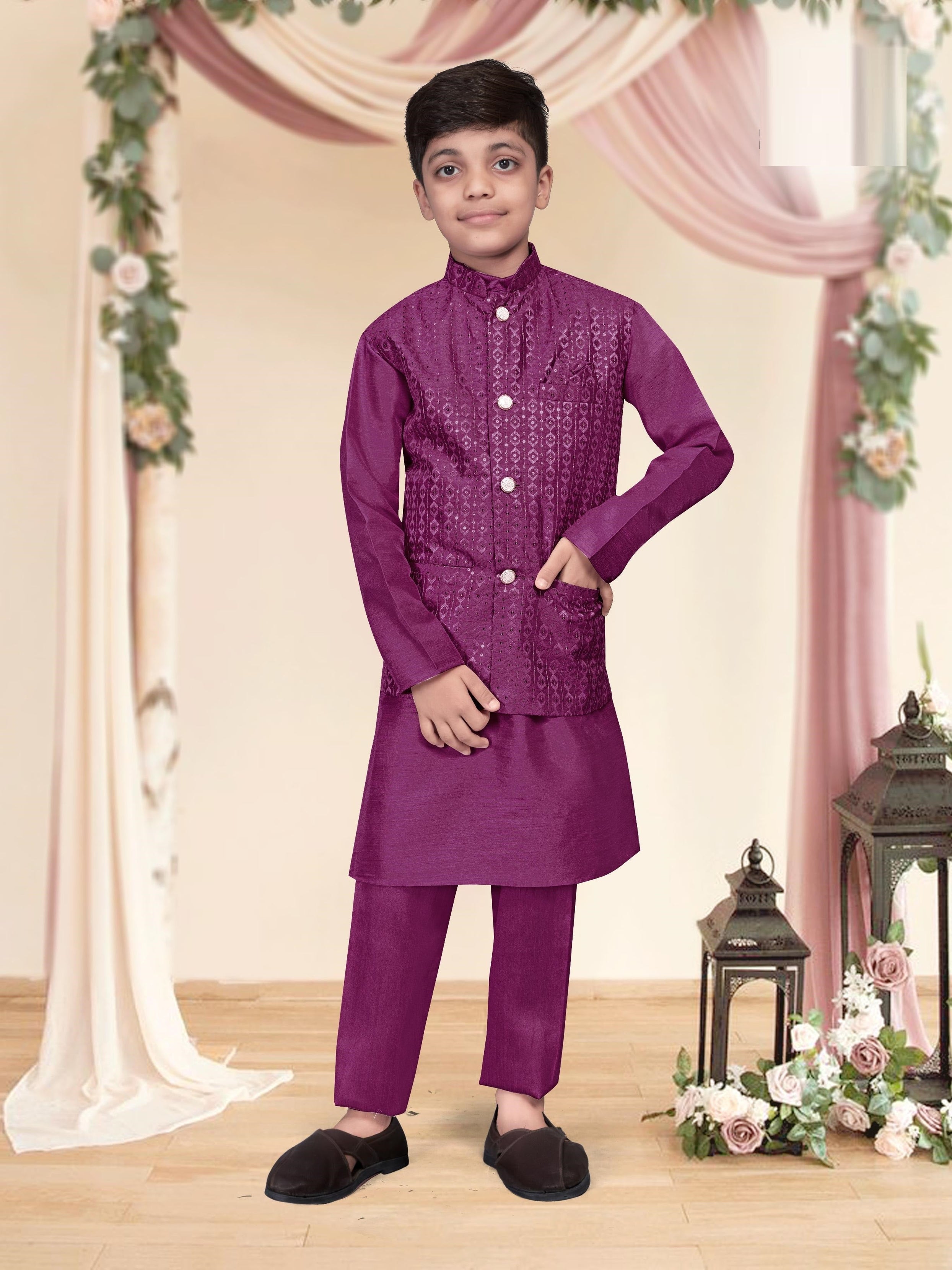 Heavy Banglori Silk With Embroidery Sequins Work Kurta Koti Pajama Set