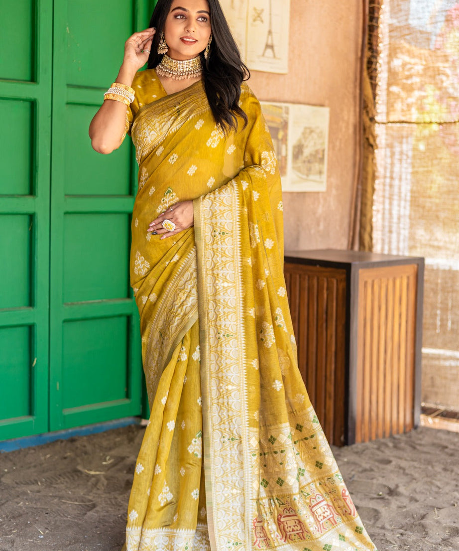 Premium Linen Cotton Traditional Wedding Function Wear Saree With Blouse 11-VD