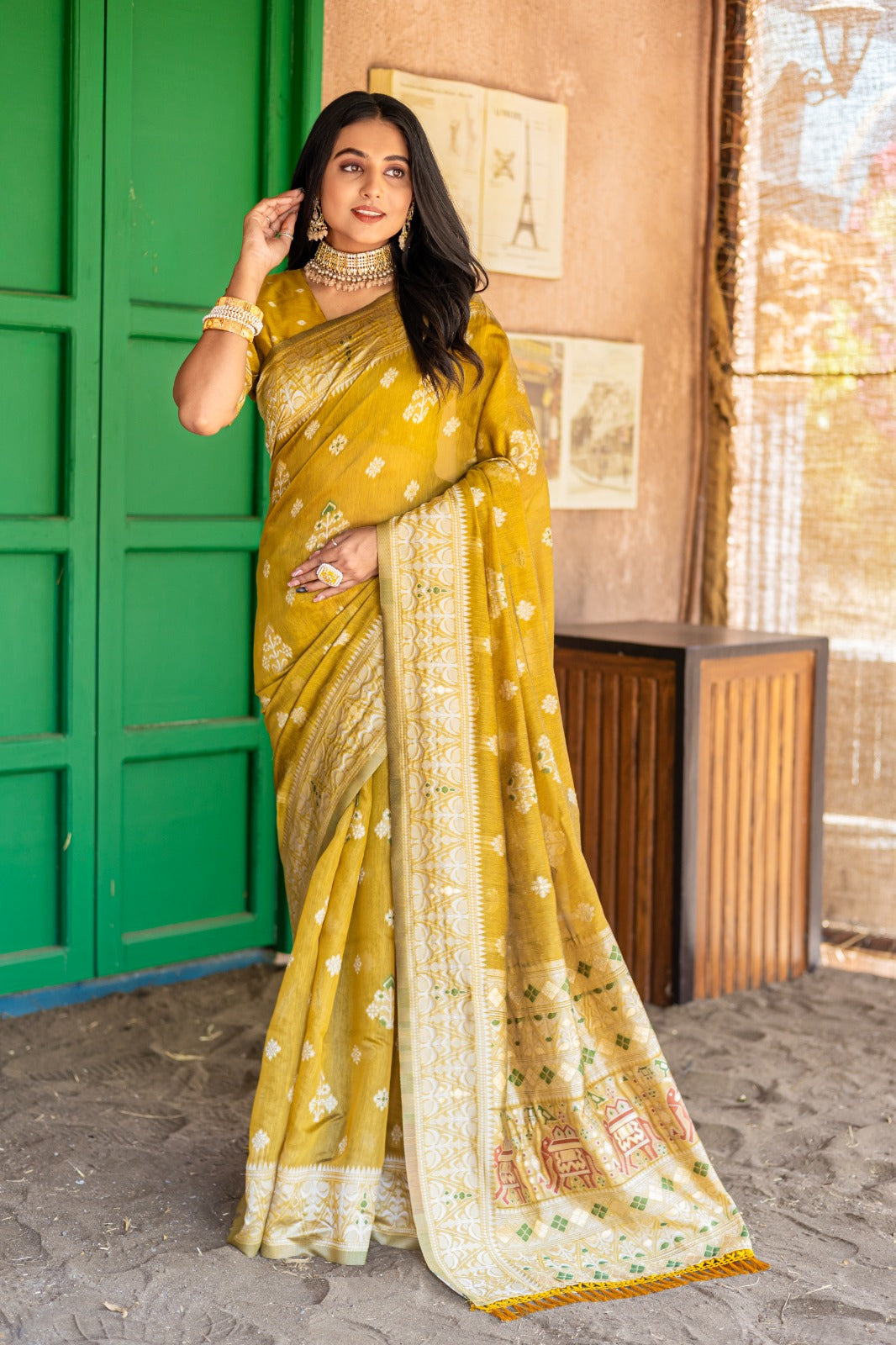 Premium Linen Cotton Traditional Wedding Function Wear Saree With Blouse 11-VD