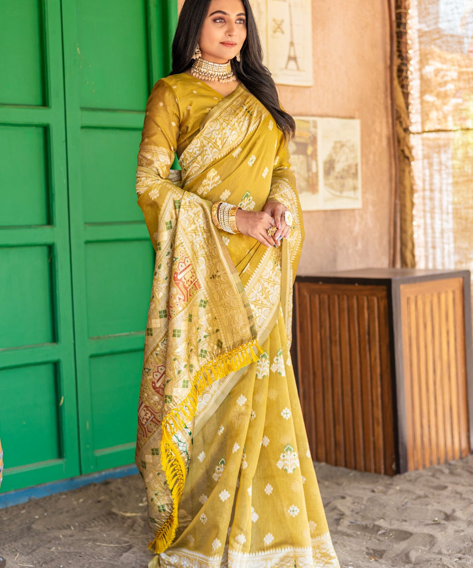 Premium Linen Cotton Traditional Wedding Function Wear Saree With Blouse 11-VD