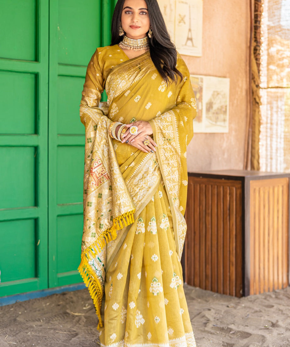 Premium Linen Cotton Traditional Wedding Function Wear Saree With Blouse 11-VD