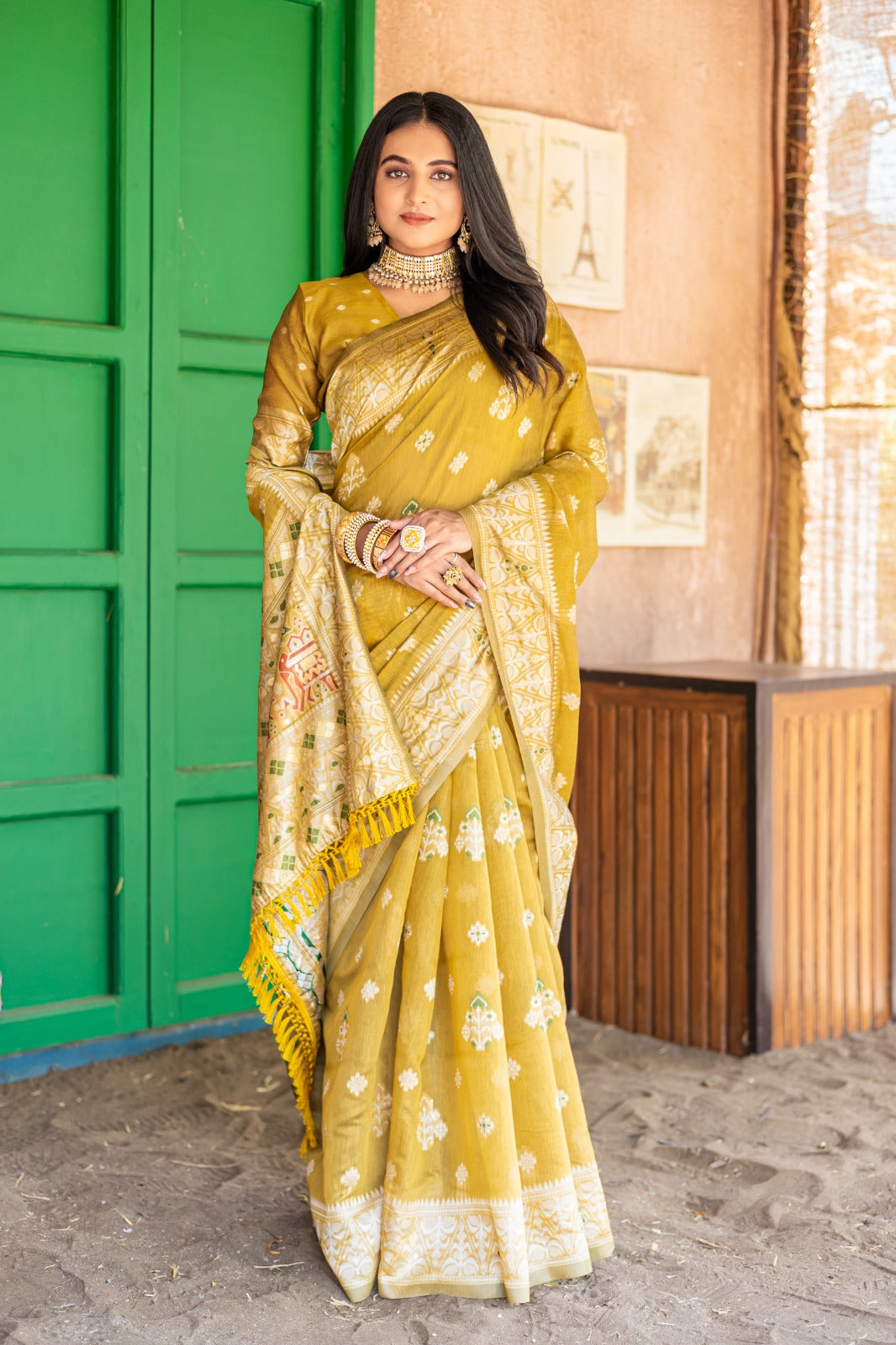 Premium Linen Cotton Traditional Wedding Function Wear Saree With Blouse 11-VD