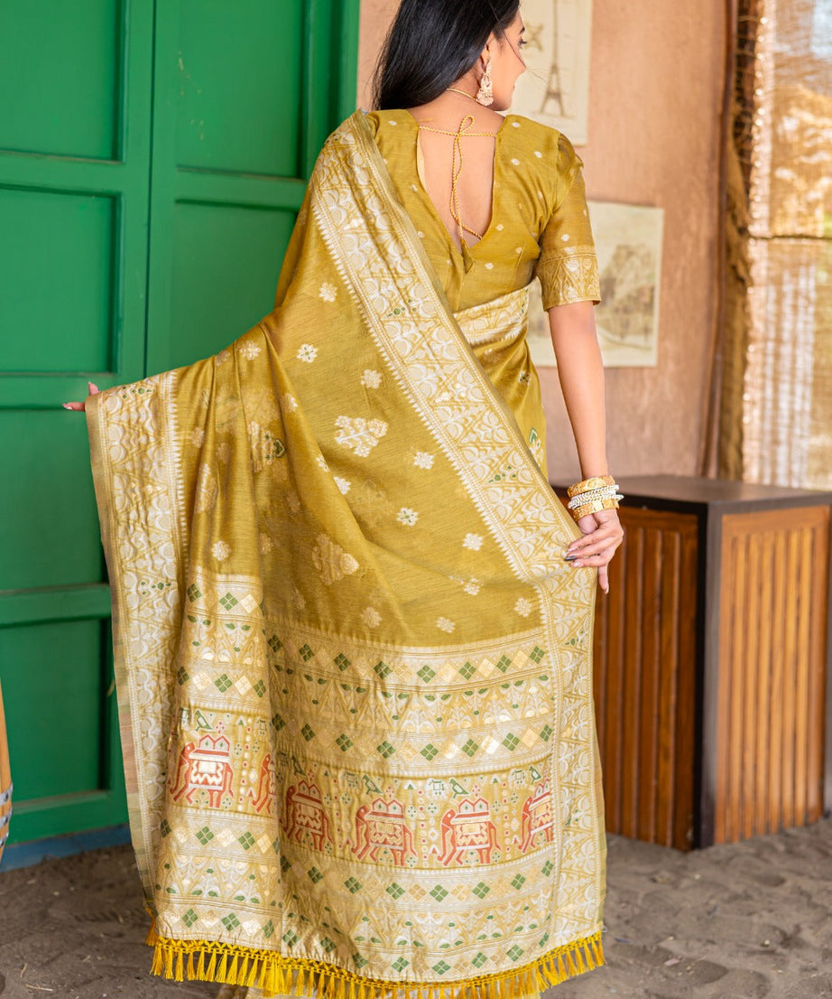 Premium Linen Cotton Traditional Wedding Function Wear Saree With Blouse 11-VD