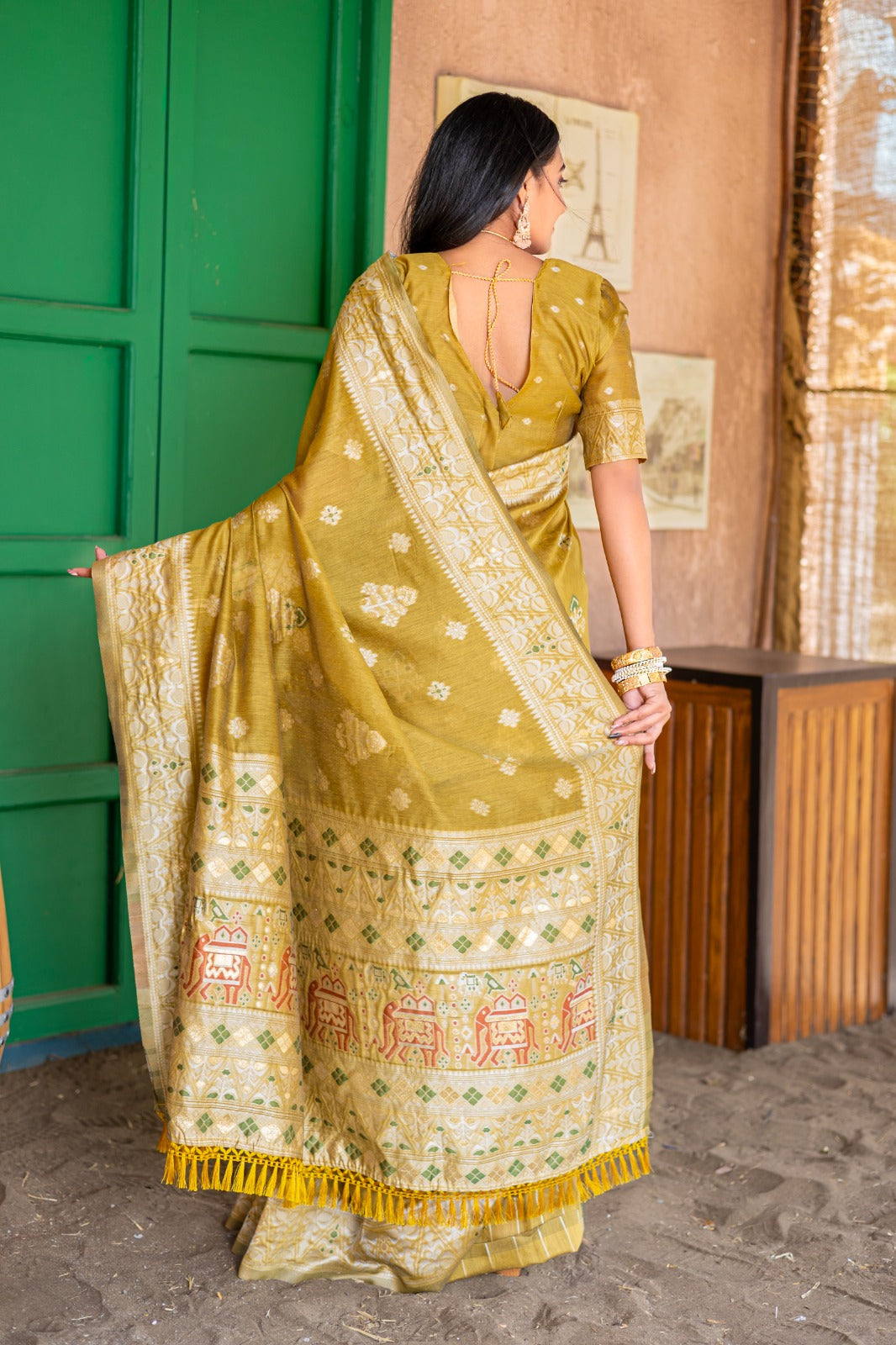 Premium Linen Cotton Traditional Wedding Function Wear Saree With Blouse 11-VD