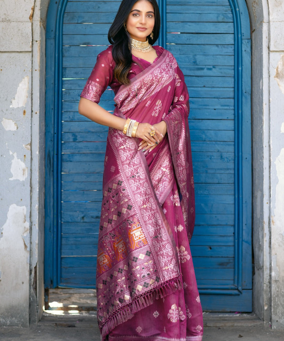 Premium Linen Cotton Traditional Wedding Function Wear Saree With Blouse 11-VD