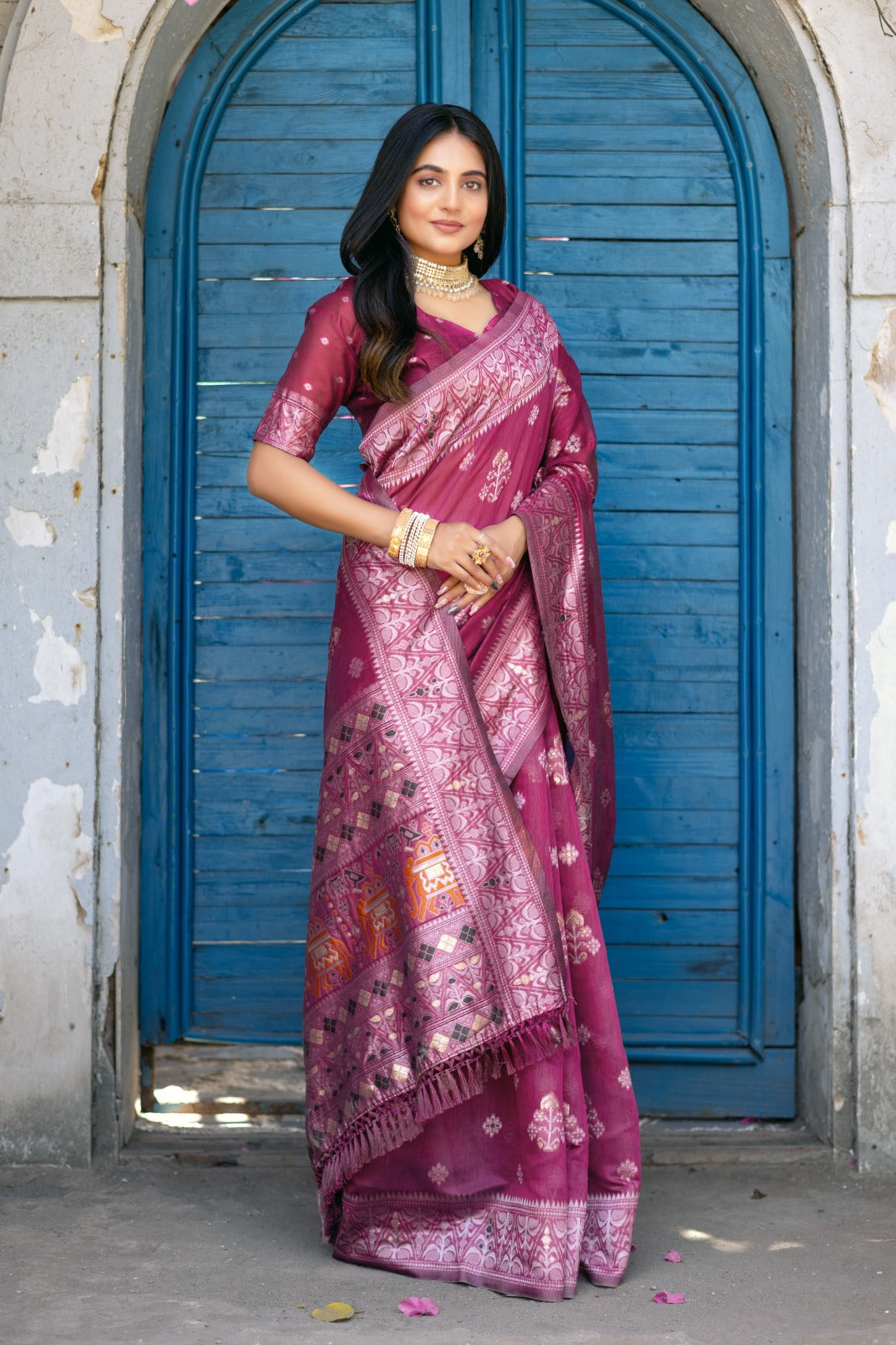 Premium Linen Cotton Traditional Wedding Function Wear Saree With Blouse 11-VD