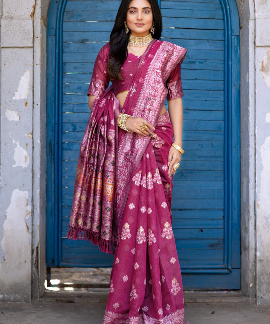 Premium Linen Cotton Traditional Wedding Function Wear Saree With Blouse 11-VD