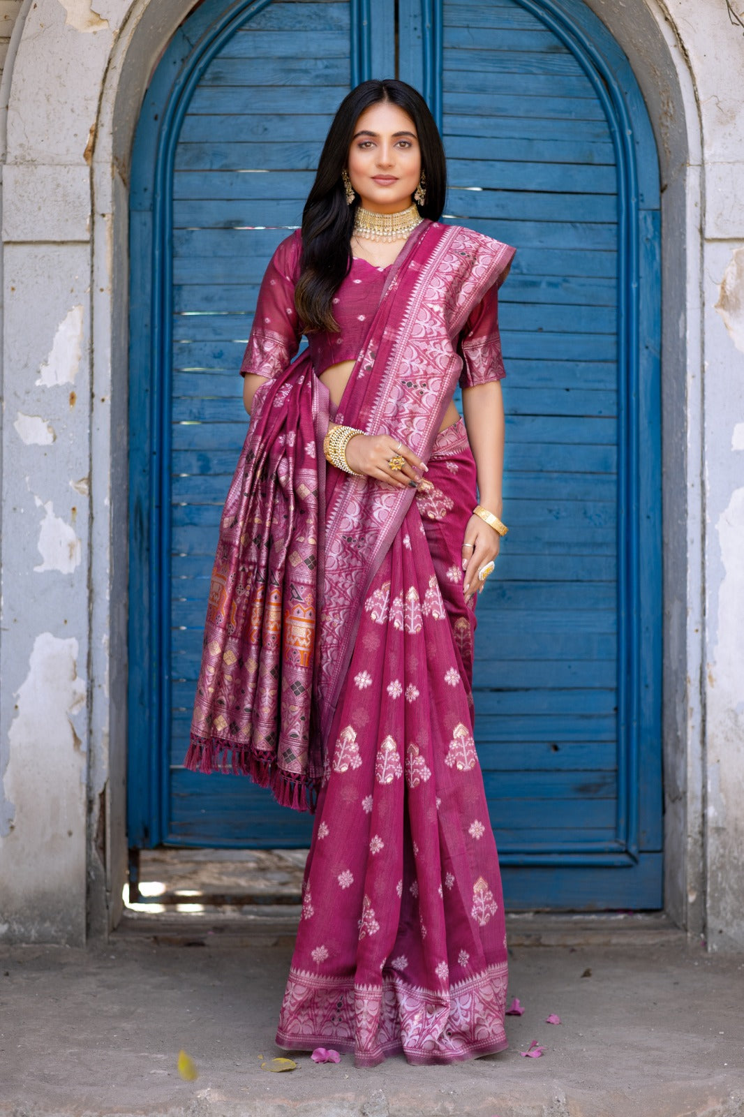 Premium Linen Cotton Traditional Wedding Function Wear Saree With Blouse 11-VD