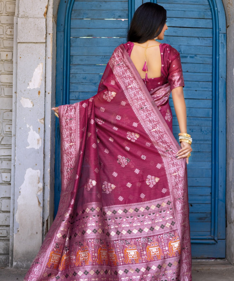 Premium Linen Cotton Traditional Wedding Function Wear Saree With Blouse 11-VD