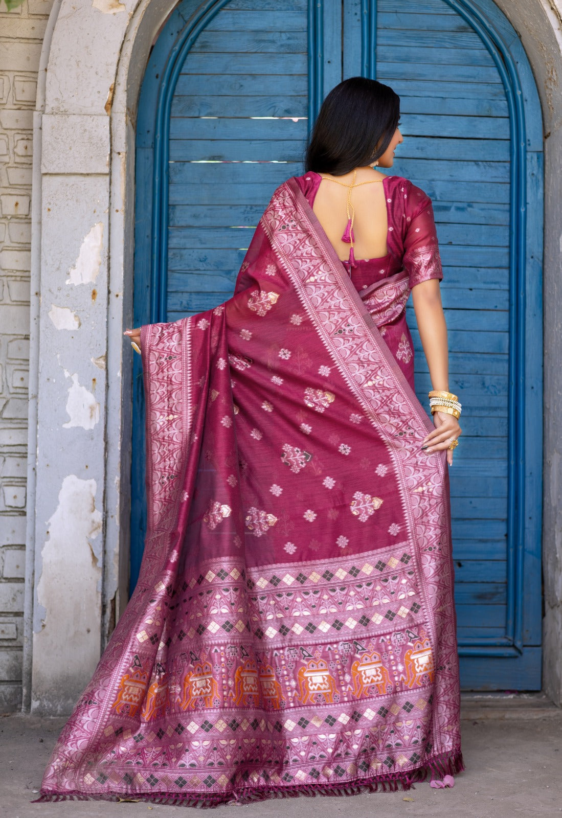 Premium Linen Cotton Traditional Wedding Function Wear Saree With Blouse 11-VD