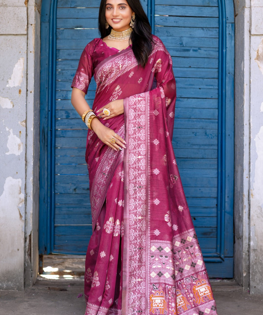 Premium Linen Cotton Traditional Wedding Function Wear Saree With Blouse 11-VD