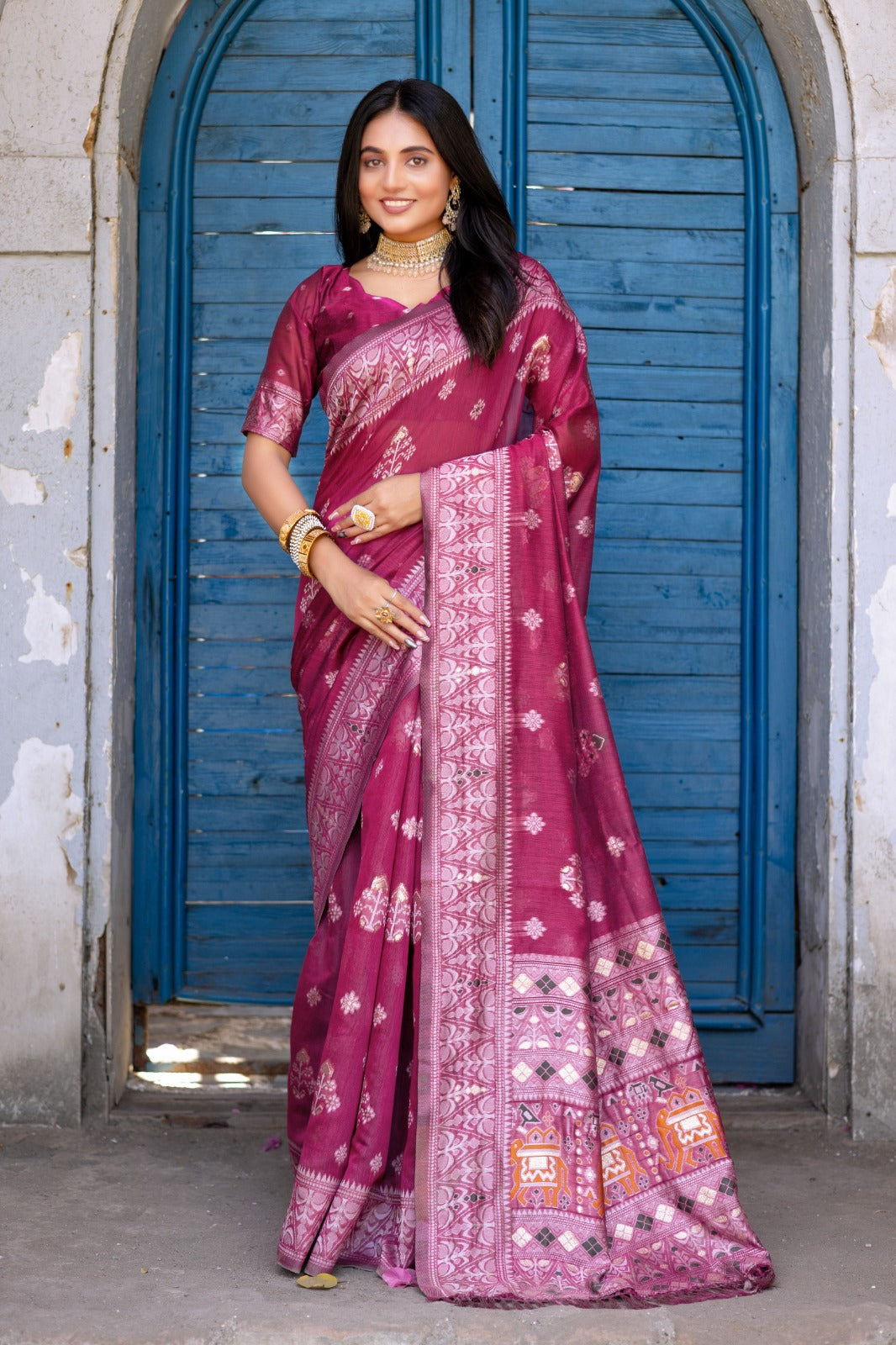 Premium Linen Cotton Traditional Wedding Function Wear Saree With Blouse 11-VD