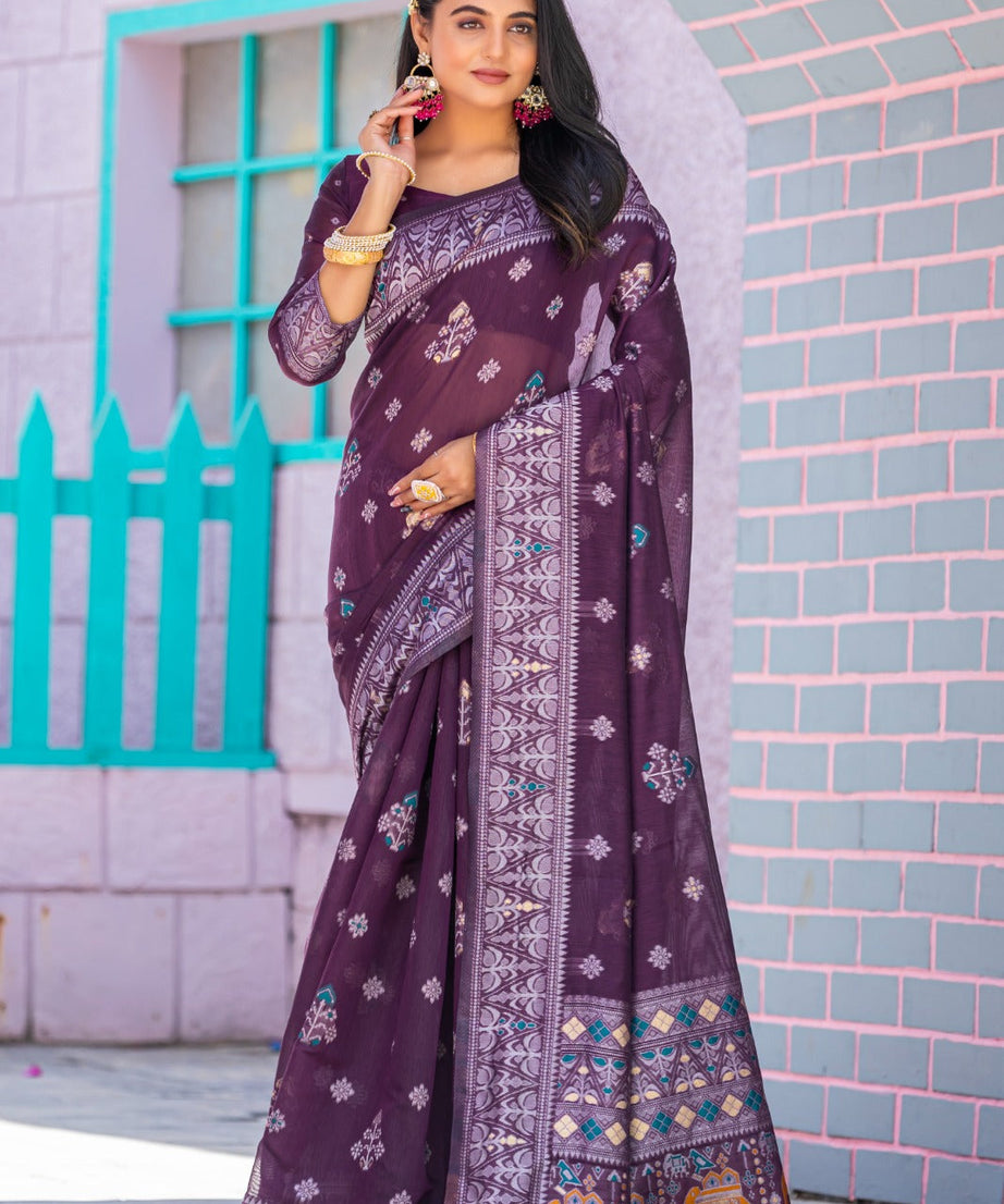 Premium Linen Cotton Traditional Wedding Function Wear Saree With Blouse 11-VD