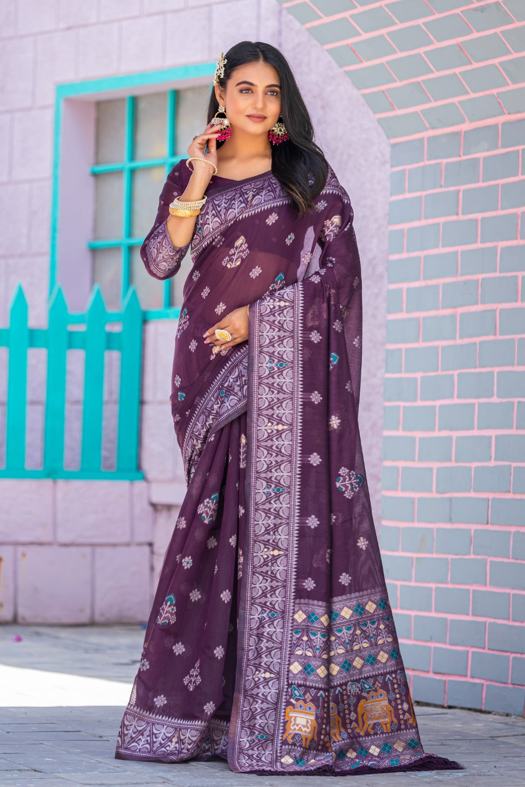 Premium Linen Cotton Traditional Wedding Function Wear Saree With Blouse 11-VD