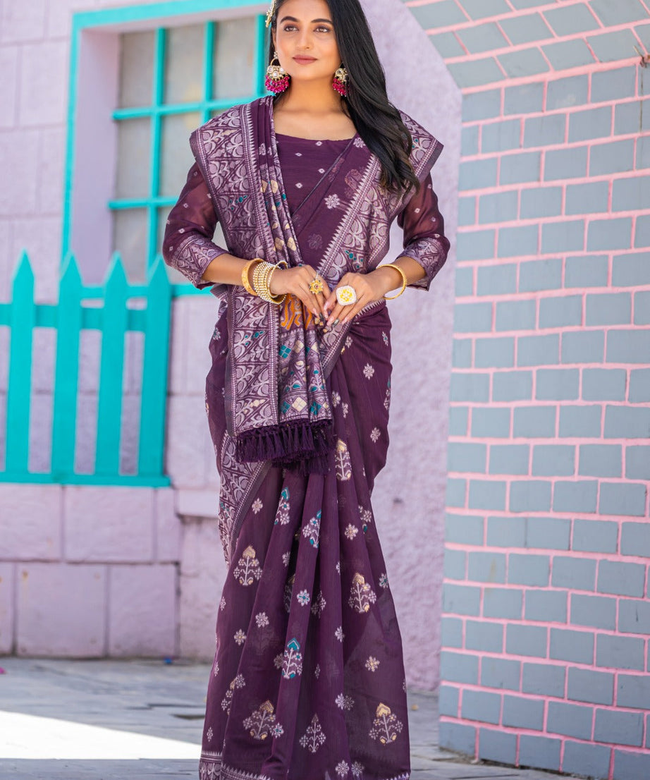 Premium Linen Cotton Traditional Wedding Function Wear Saree With Blouse 11-VD