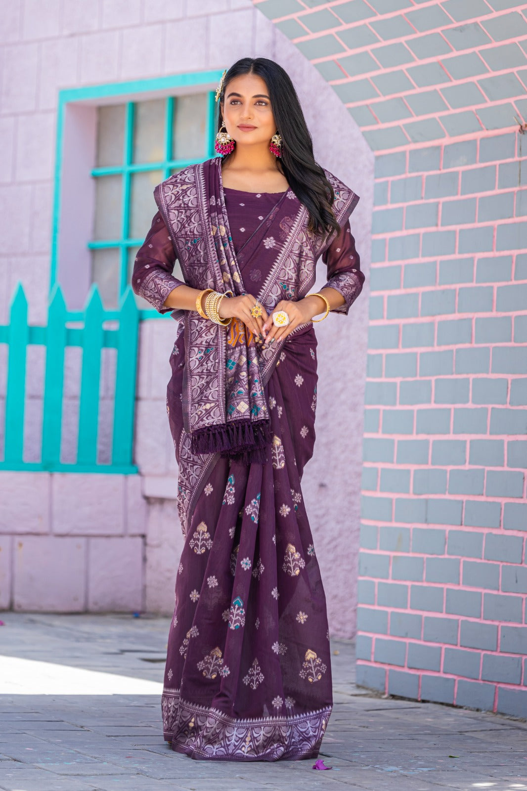 Premium Linen Cotton Traditional Wedding Function Wear Saree With Blouse 11-VD