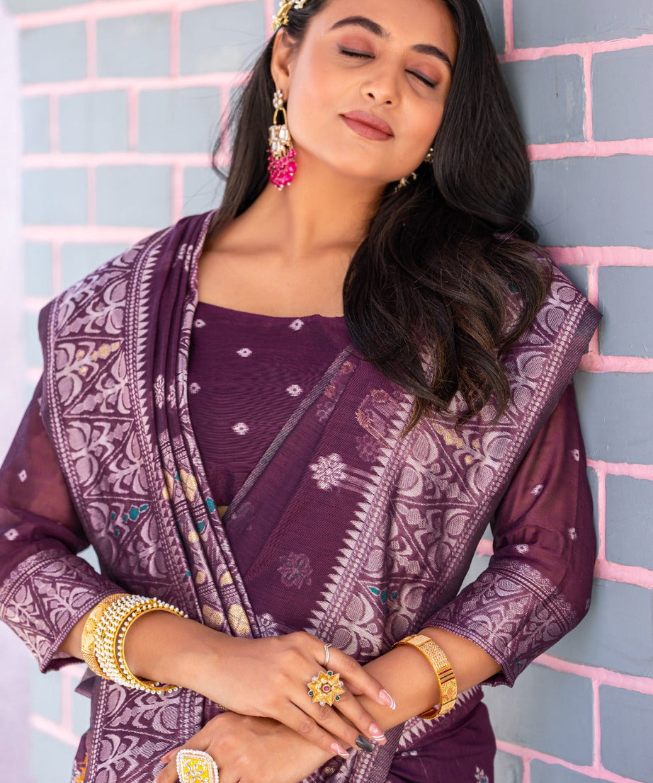 Premium Linen Cotton Traditional Wedding Function Wear Saree With Blouse 11-VD