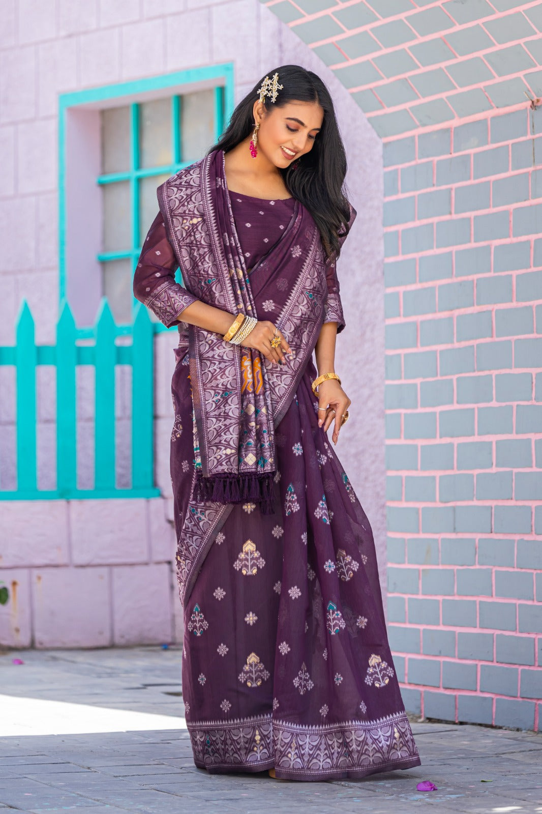 Premium Linen Cotton Traditional Wedding Function Wear Saree With Blouse 11-VD