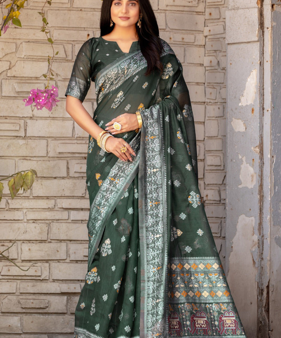 Premium Linen Cotton Traditional Wedding Function Wear Saree With Blouse 11-VD