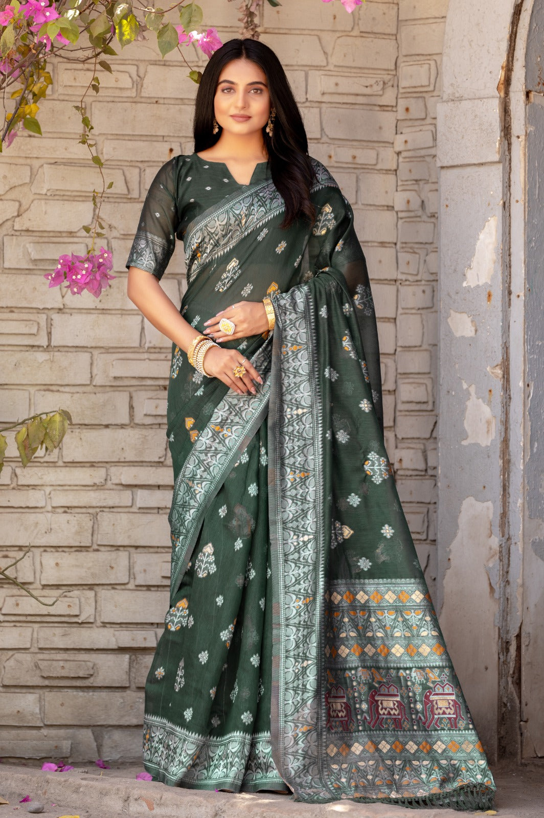 Premium Linen Cotton Traditional Wedding Function Wear Saree With Blouse 11-VD