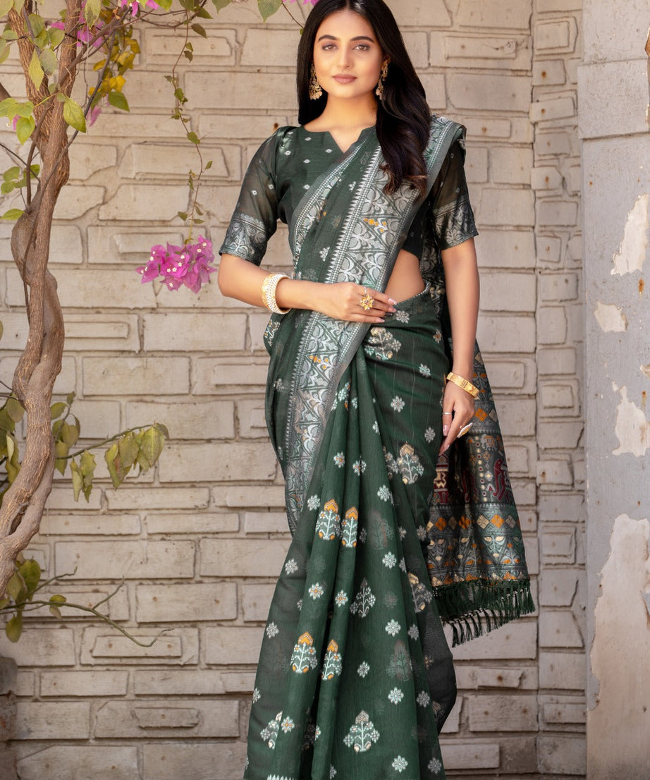 Premium Linen Cotton Traditional Wedding Function Wear Saree With Blouse 11-VD