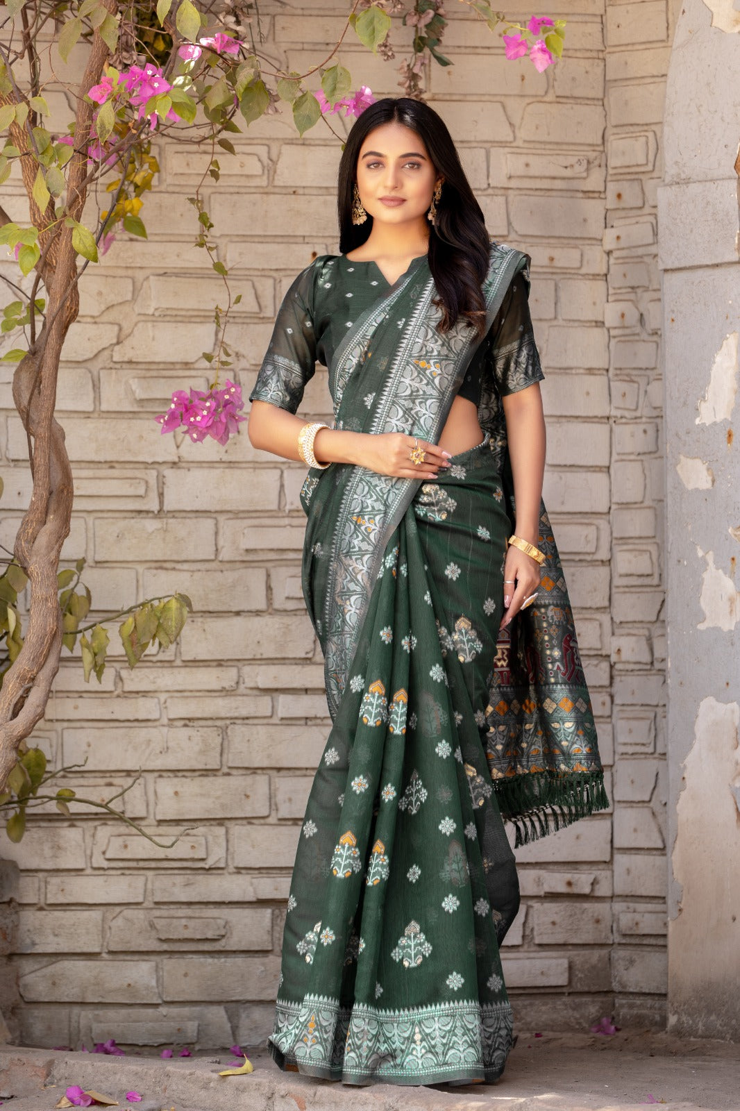 Premium Linen Cotton Traditional Wedding Function Wear Saree With Blouse 11-VD