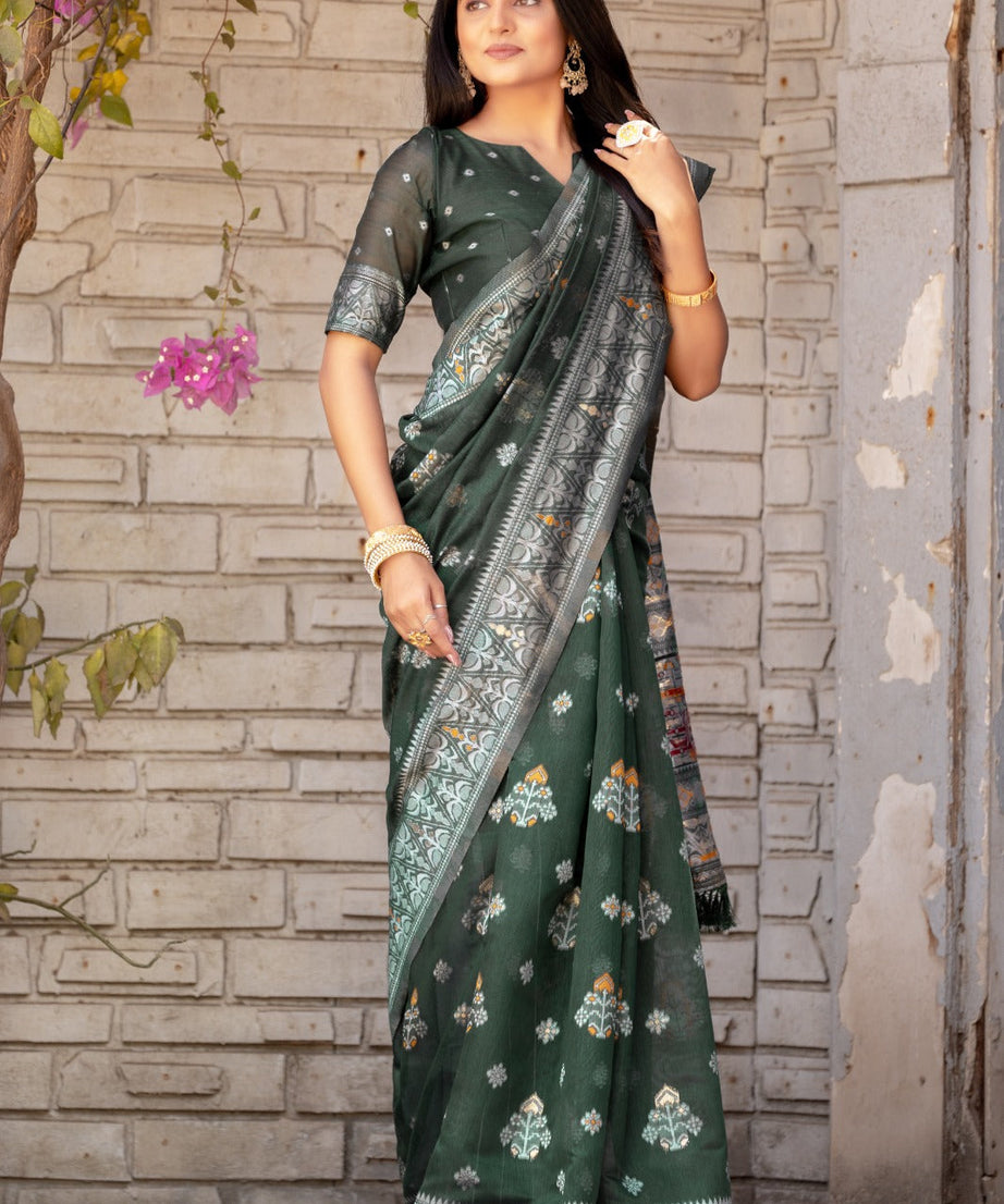 Premium Linen Cotton Traditional Wedding Function Wear Saree With Blouse 11-VD