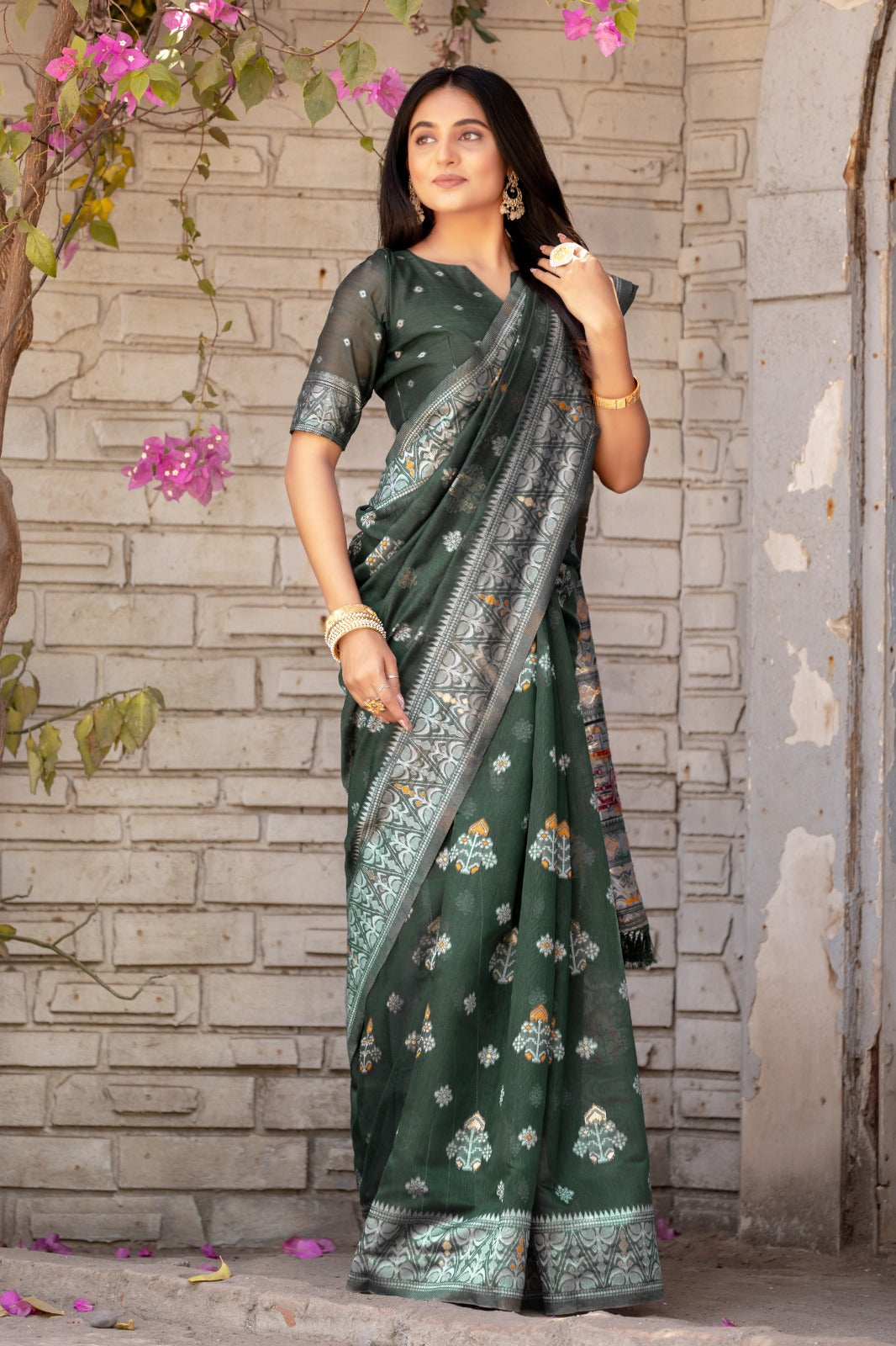 Premium Linen Cotton Traditional Wedding Function Wear Saree With Blouse 11-VD