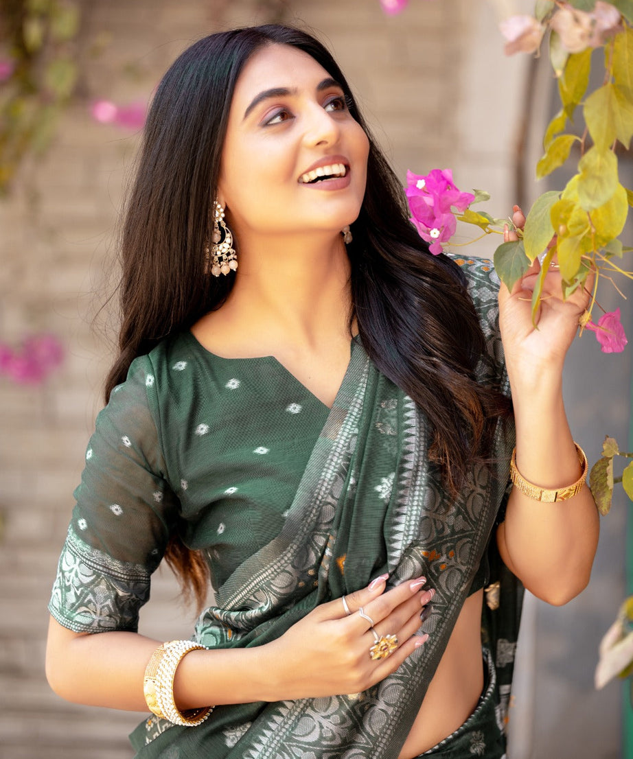 Premium Linen Cotton Traditional Wedding Function Wear Saree With Blouse 11-VD