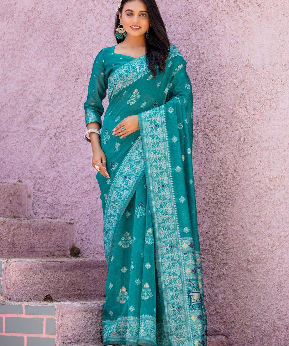 Premium Linen Cotton Traditional Wedding Function Wear Saree With Blouse 11-VD