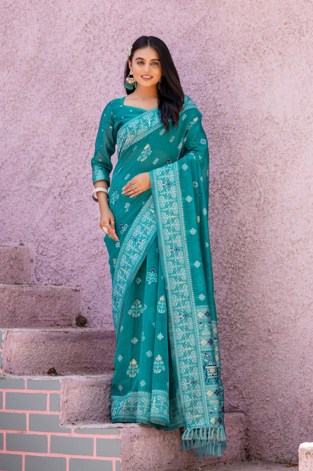 Premium Linen Cotton Traditional Wedding Function Wear Saree With Blouse 11-VD