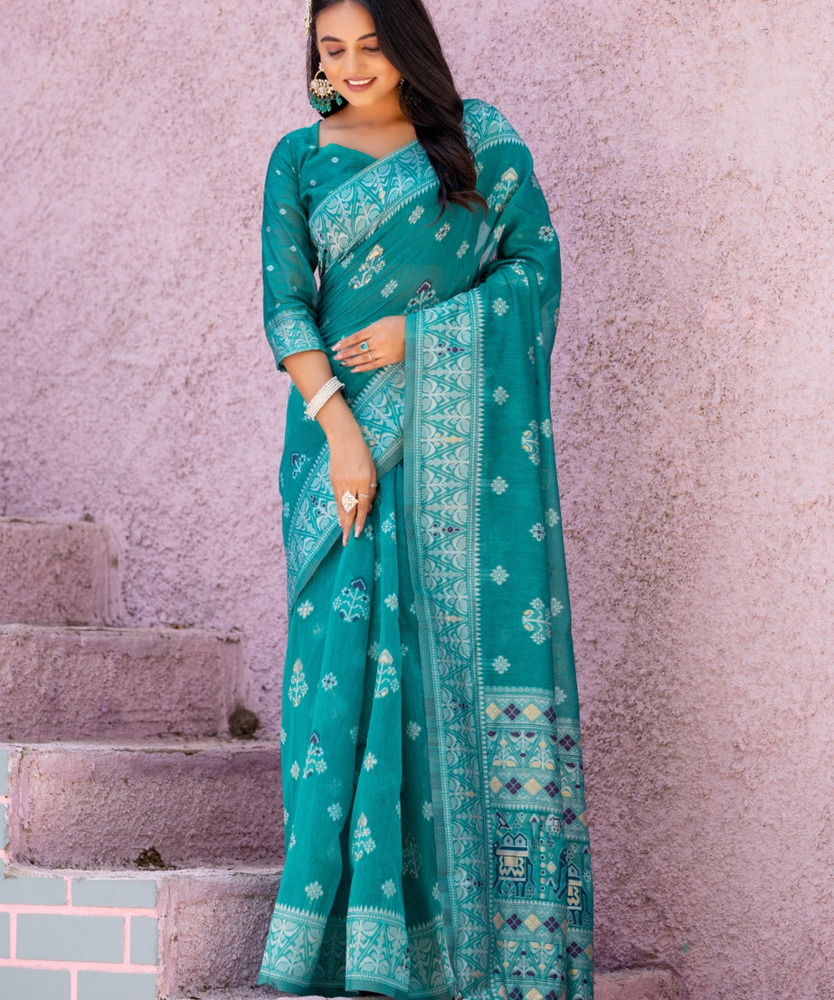 Premium Linen Cotton Traditional Wedding Function Wear Saree With Blouse 11-VD