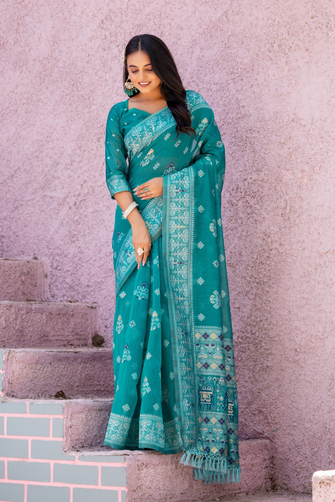 Premium Linen Cotton Traditional Wedding Function Wear Saree With Blouse 11-VD