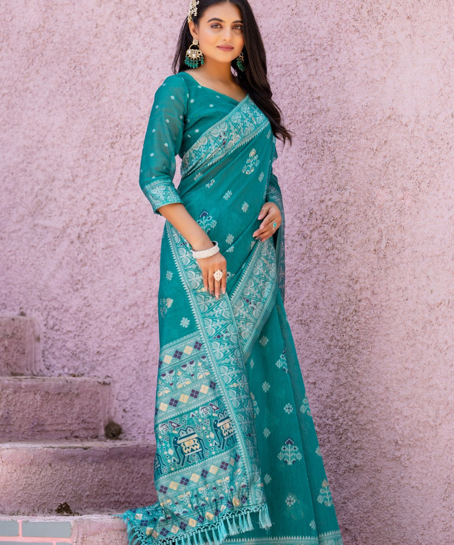 Premium Linen Cotton Traditional Wedding Function Wear Saree With Blouse 11-VD