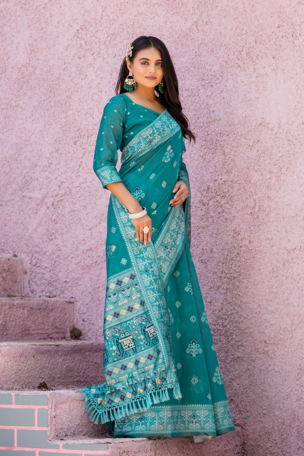 Premium Linen Cotton Traditional Wedding Function Wear Saree With Blouse 11-VD