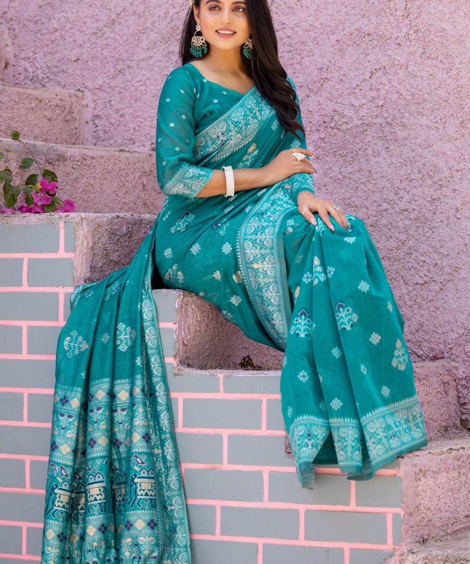 Premium Linen Cotton Traditional Wedding Function Wear Saree With Blouse 11-VD