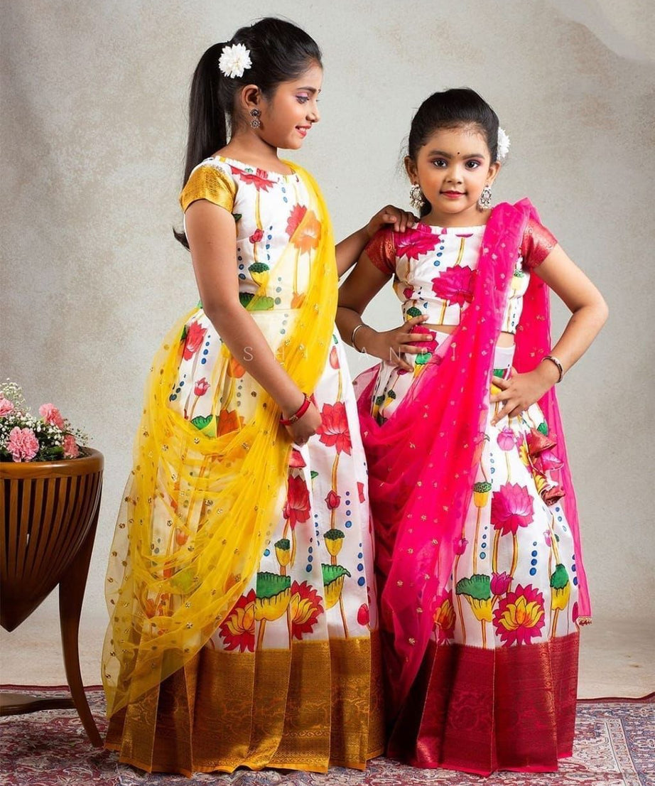 Kid's Full Stitched Pure Lichi Silk With Full Body Lehenga With Blouse