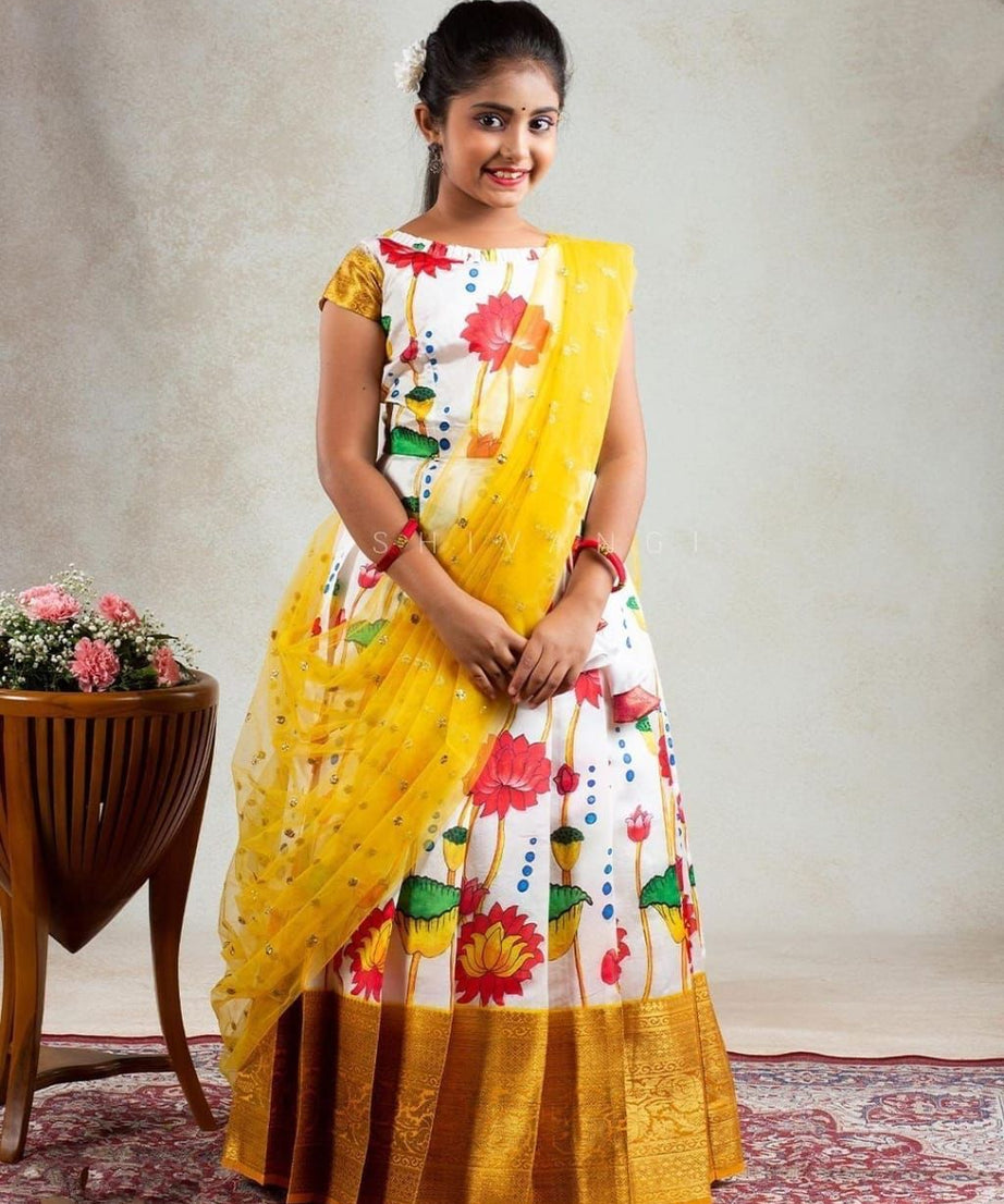 Kid's Full Stitched Pure Lichi Silk With Full Body Lehenga With Blouse