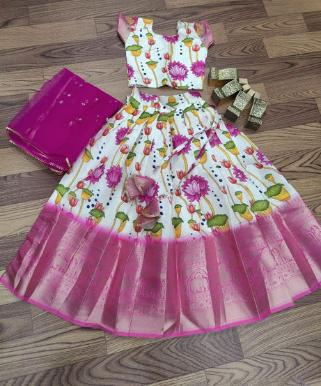 Kid's Full Stitched Pure Lichi Silk With Full Body Lehenga With Blouse