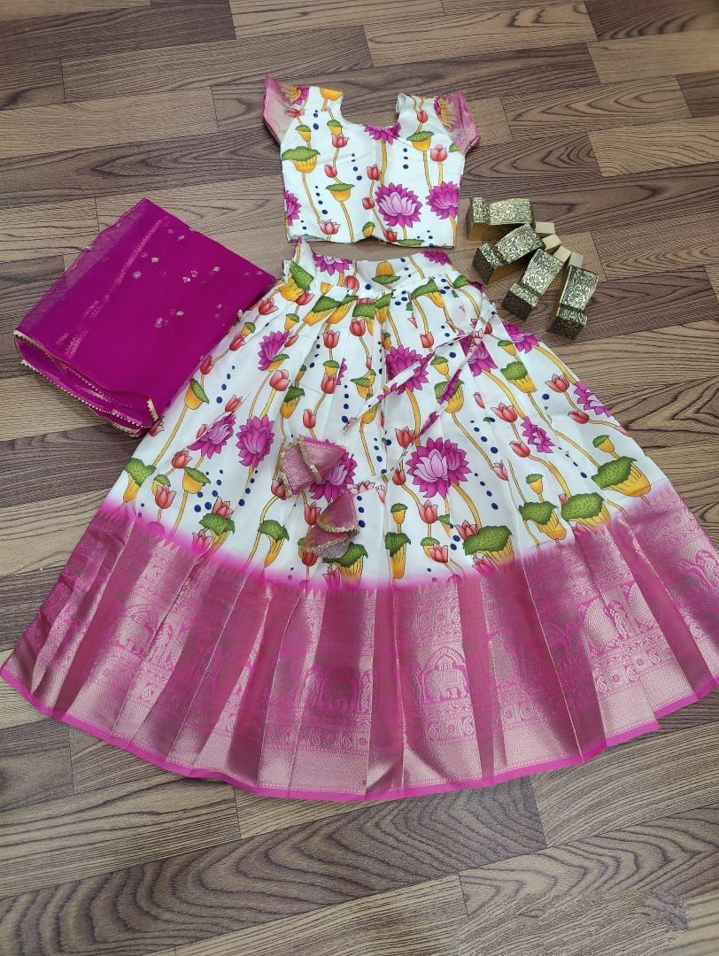 Kid's Full Stitched Pure Lichi Silk With Full Body Lehenga With Blouse