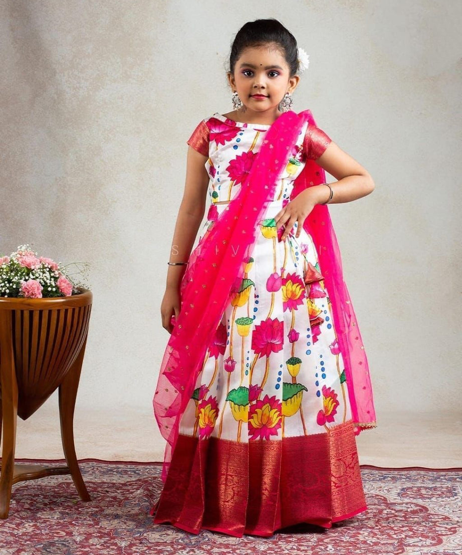 Kid's Full Stitched Pure Lichi Silk With Full Body Lehenga With Blouse