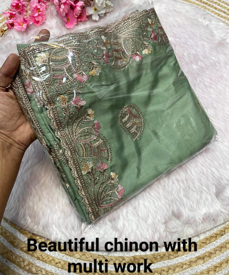 Soft Chinon Beautiful Traditional Saree, Wedding Wear Sari With Blouse